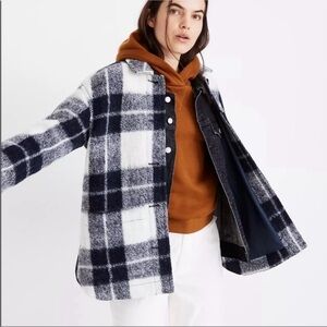 Madewell Walton Shacket Small Colleton Plaid Italian Bouclé Wool Oversized Navy